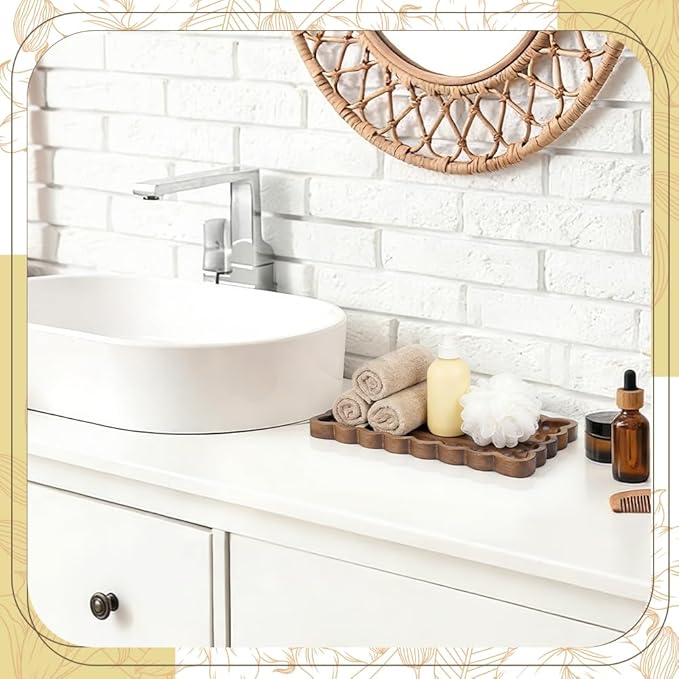 Wood Decorative Tray with Scalloped Edge Acacia Wood Rectangle Serving Trays Organization Coffee Table Wooden Trays for Living Room Bedroom Entryway Kitchen Home Decor and Vanity Storage