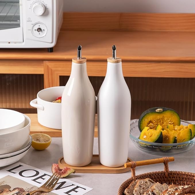 Sweejar Matte Ceramic Olive Oil Dispenser Bottle with Spout, 17 Oz Oil Dispenser for Kitchen Counter, Opaque Oil Cruet for EVOO, Vinegar, Avocado Oil Container for Cooking, Pack of 1 (White)