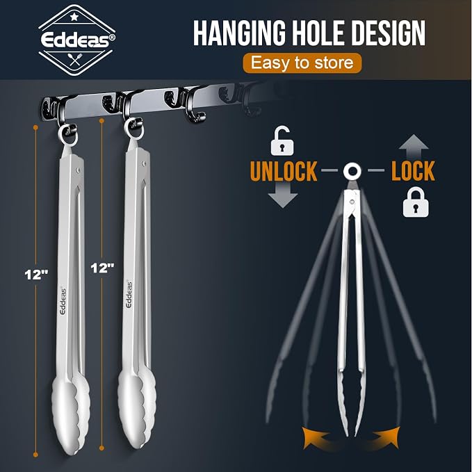 Eddeas 2PCS 12inch Kitchen Tongs - Heat Resistant 600 Degree Tongs for Cooking, Heavy Duty All Metal Food Tongs, Stainless Steel and Non-Slip handle, Salad, Grilling, Barbecue, Dishwasher safe