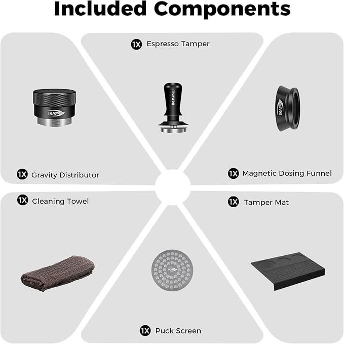IKAPE 58MM Coffee Tamper Set Black 6 IN 1, Espresso Tool Kit for Making Perfect Shots – Tamper, Distributor, Funnel, Mat, Screen, and Towel