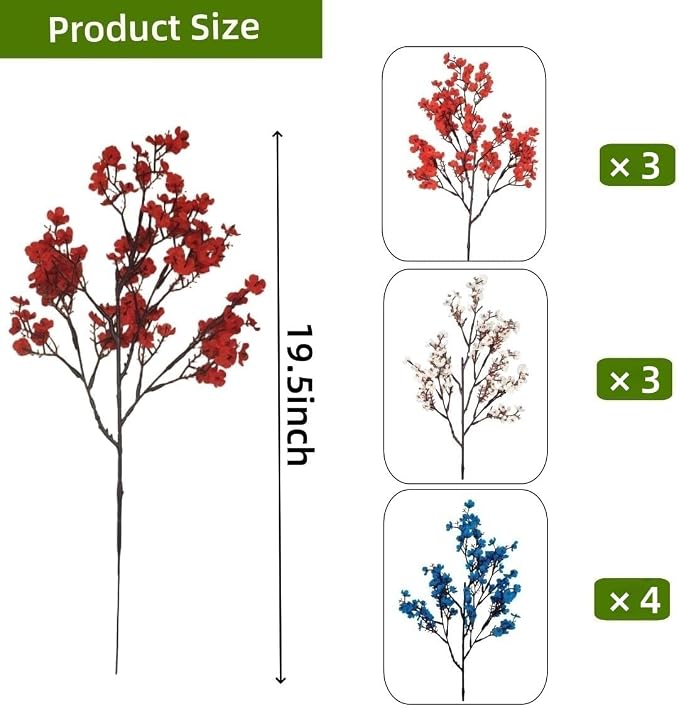 DoubleWood 4 of July Decor Artificial Flowers Indoor, 10PCS Red White and Blue Artificial Babys Breath Flowers, Patriotic Decor for Floral Arrangement Table Centerpieces (10, Red, White and Blue)