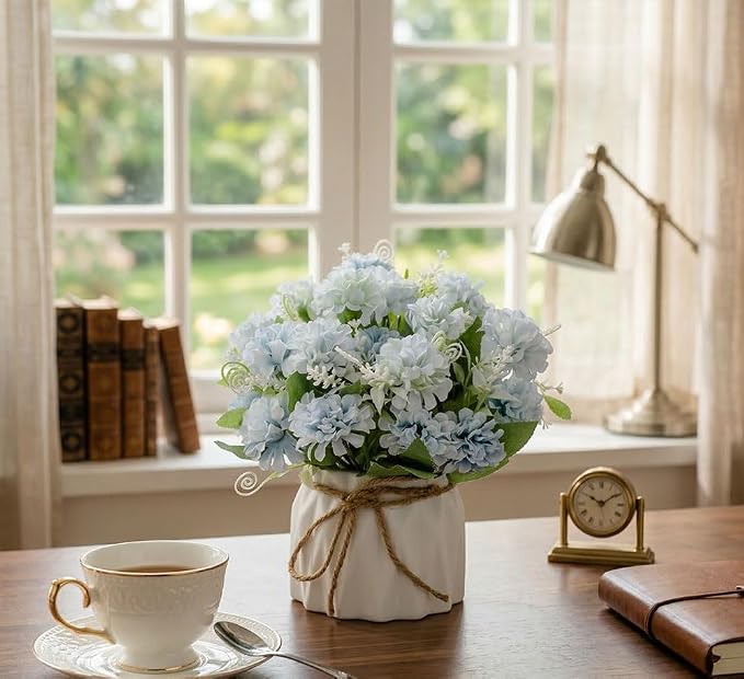 TKAS Fake Flowers Arrangement in Ceramic Vase, Artificial Faux Silk Hydrangea, Small Realistic Dried-Style Floral, Dining Table Centerpiece for Wedding Party Home Decoration (Blue)