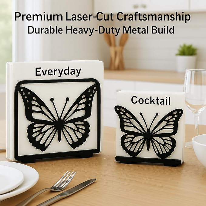 LFT 2‑Pack Napkin Holder Set, butterfly napkin holder set for everyday and cocktail napkins, metal stand for table, kitchen