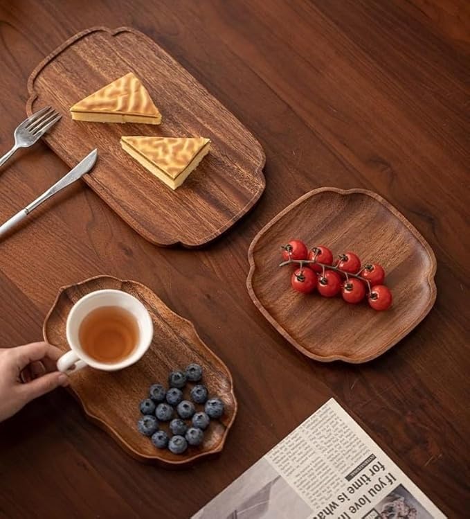 Walnut Wood Fruit Tray, Handmade Chinese Style Snack Serving Plate, Solid Wood Tea Dessert Tray for Dim Sum, Vintage Walnut Platter, Gift (Square)