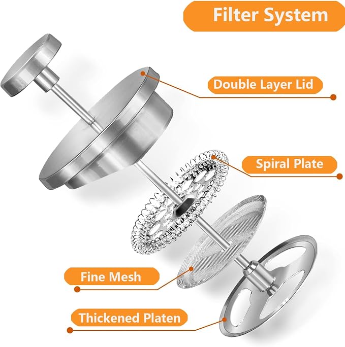 Small French Press 350ml Coffee Maker, Double-Wall Insulated French Press Coffee Press Stainless Steel, Included 2 Extra Fliters and 1 Coffee Spoon (1 cup, 12 OZ)