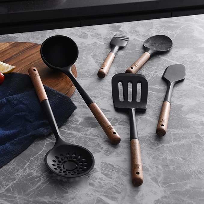 WAGENSTEIGER Set of 2pc Silicone Cooking Utensils: Wooden Handle Ladle + Long Head Serving & Cooking Spoon, Heat Resistant, BPA Free, Scratch-Resistant Surface Design