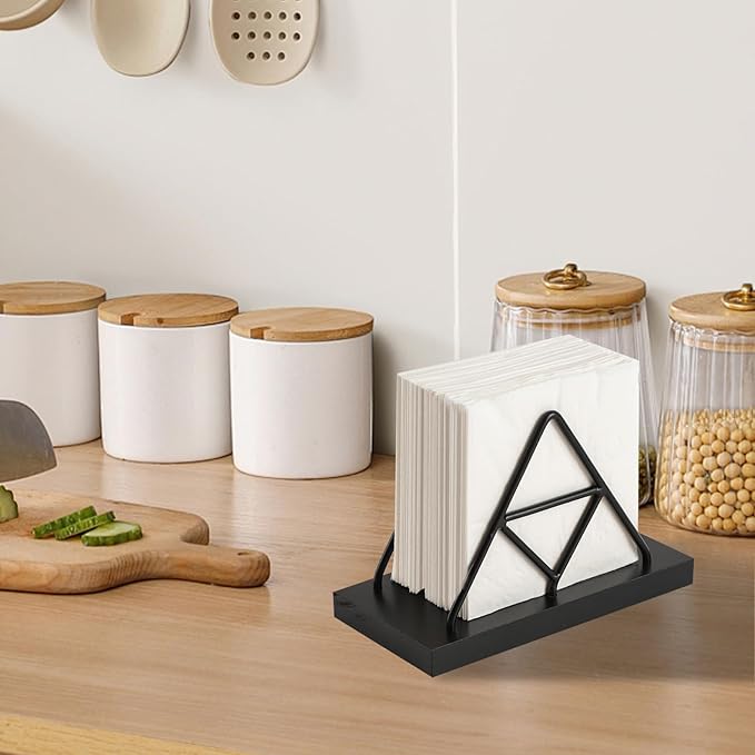 Napkin Holder, Metal Wire Triangle Shape & Wooden Paper Towel Holder, Napkin Holder for Table, Modern Napkin Dispenser for Kitchen, Table Decor, Cocktail Bar (Black)