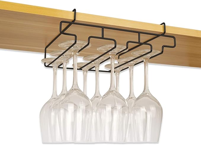 Wine Glass Holder - Stemware Rack Under Cabinet - 304 Stainless Steel Hanger Storage Shelf, Fit for The Cabinet 0.8“ or Less (black, 3 Rows)