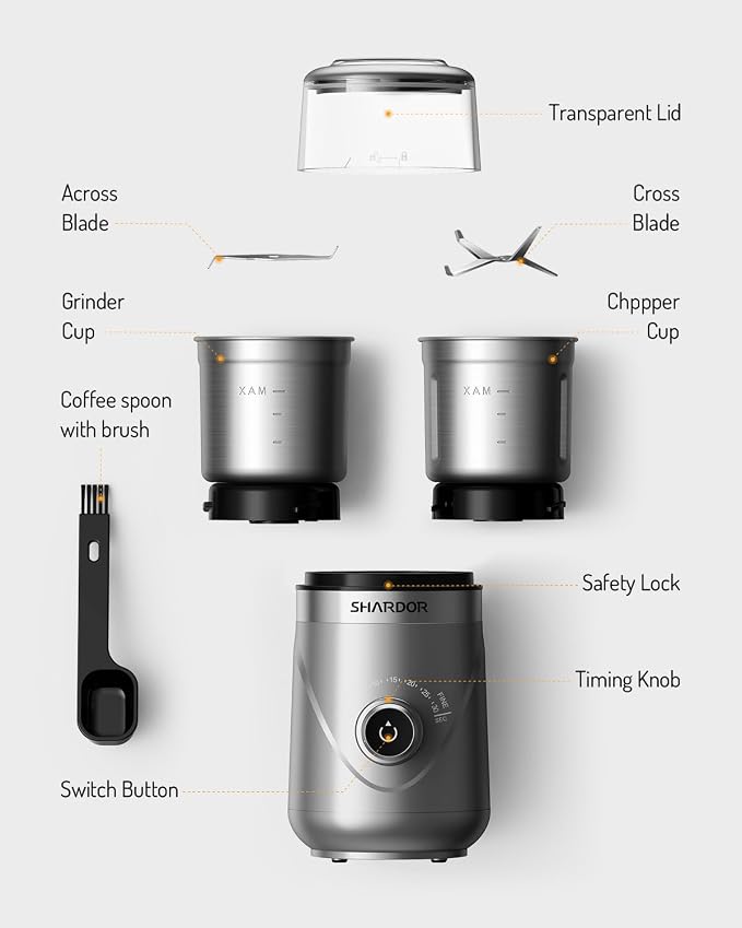 SHARDOR Electric Super Silent Blade Coffee Grinder, Timed Grind Control Rotary Knob, Adjustable Coarse to Fine for Coffee Beans, Spices & Herbs, with 2 Removable Stainless Steel Bowl, Sliver