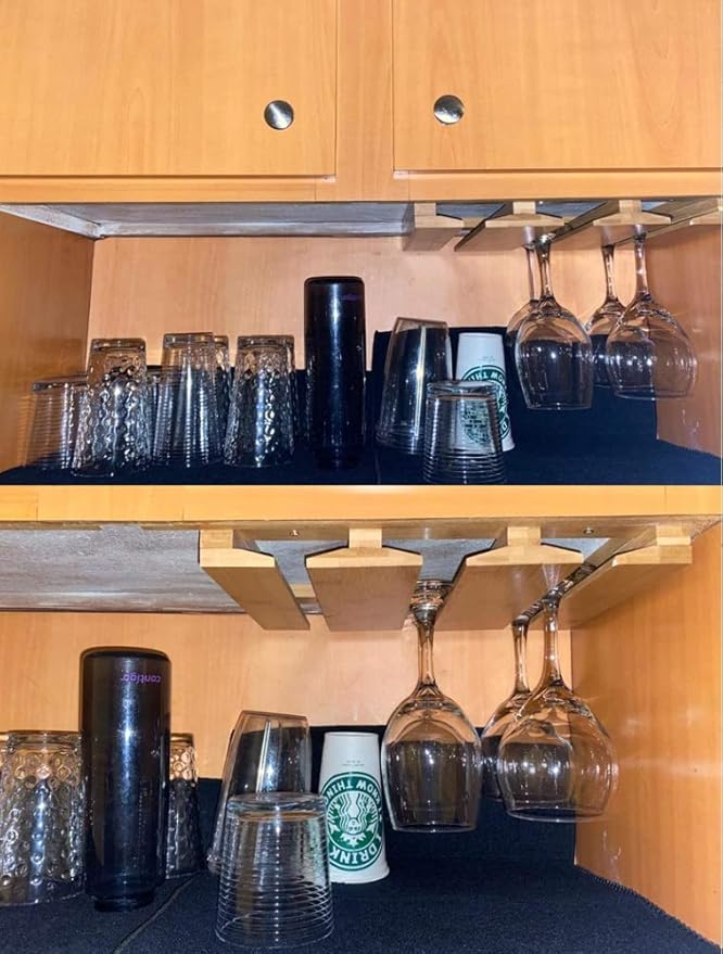 RIIPOO Wine Glass Rack Hangers Under Cabinet, Bamboo Wine Glasses Holders Under Shelf, Under Counter Wine Glass Holder for Home Kitchen & Bar Storage