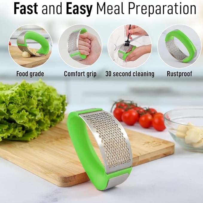 Angel's Peel Lounge Stainless Steel Garlic Press Rocker Set with Silicone Garlic Peeler & Cleaning Brush – Garlic Chopper, Mincer, Grater, Crusher – Easy for Crushed Cloves – Rust-Resistant, Green