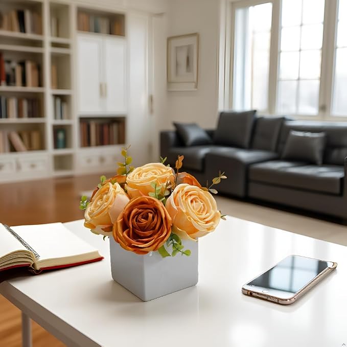Fall Artificial Orange Silk Fake Rose with Ceramic Vase Autumn Table Decor | White Ceramic Vase Floral Arrangement, Autumn Decor for Office Kitchen Shelf Bathroom Shelf FarmhouseThanksgiving Halloween