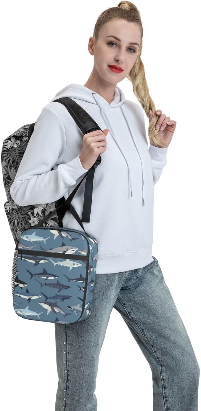 Shark Ocean Themed Portable Lunch Bag, Insulated Lunch Box Reusable Totes for Women Men Adults, Lunchbag for Work Picnic Camping