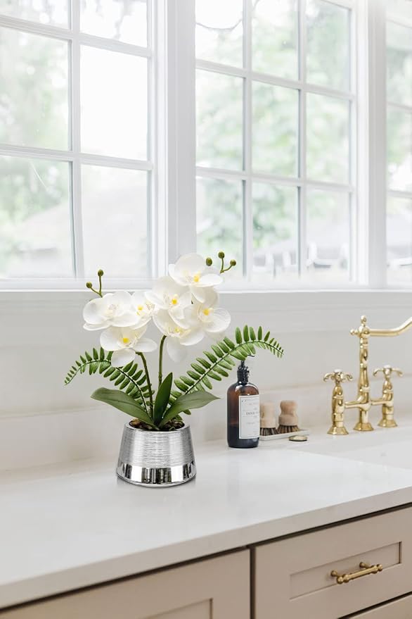 Oairse White Orchids Artificial Flowers in Silver Pot Faux Phaleanopsis Orchid Bonsia Fake Orchid Centerpiece for Dining Room Table