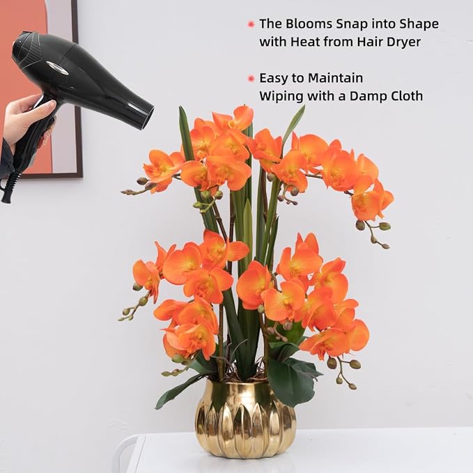 CXGS Artificial Orchid Flower Real Touch Faux Orchids in Ceramic Vase Large 22.9'' Fake Flowers Orange Phalaenopsis Floral for Home Indoor Decor