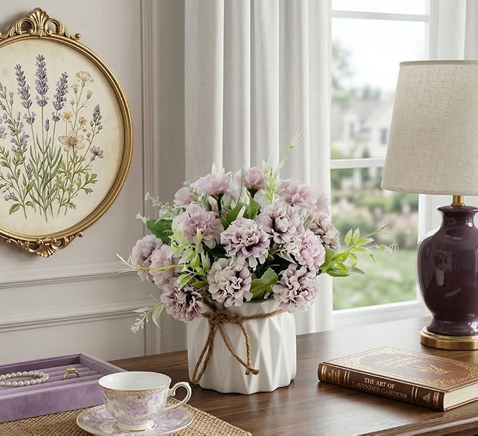 TKAS Fake Flowers Arrangement in Ceramic Vase, Artificial Faux Silk Hydrangea, Small Realistic Dried-Style Floral, Dining Table Centerpiece for Wedding Party Home Decoration (Purple)