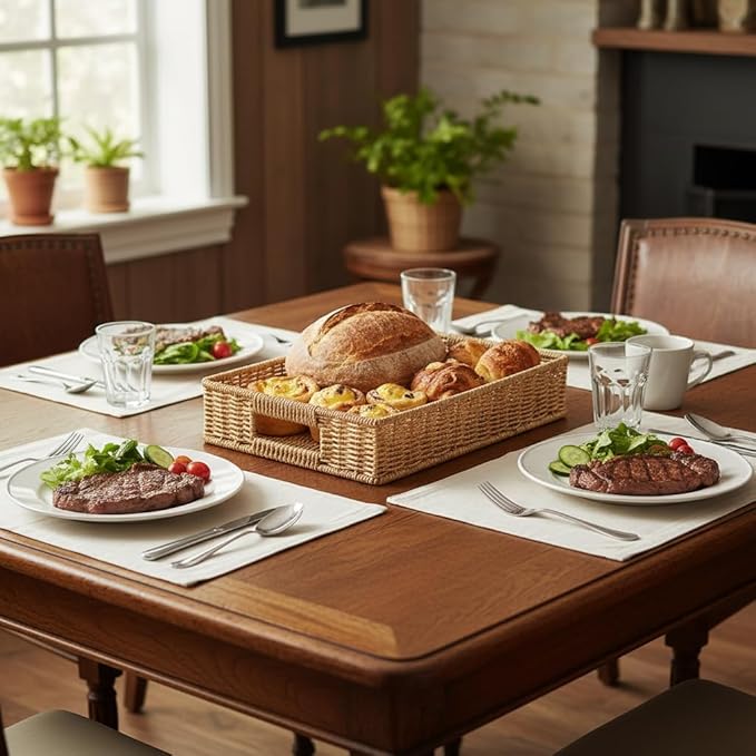 2pcs Woven Baskets Serving Trays with Handles, Poly Wicker Bread Basket Rectangular Platters for Fruit, Vegetables, Breakfast, Drinks, Snacks, Dining Coffee Table, 2 Size
