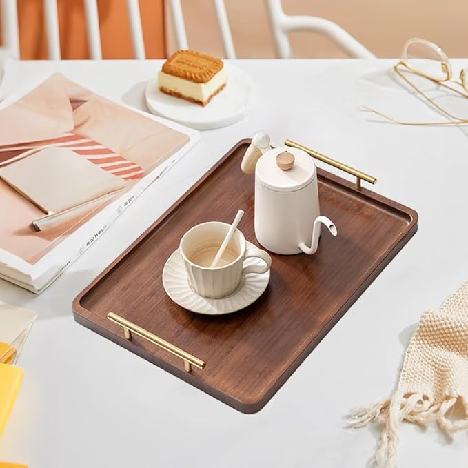 Tiiyee Bamboo Serving Tray with Handles, Bamboo Ottoman Tray Decorative Serving Platter Breakfast Bed Tray for Coffee Table Tea Snack Lunch Dinner Appetizers Patio Kitchen Living Room Bathroom