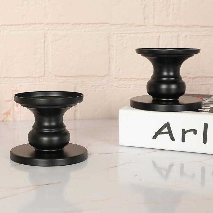 Matte Black Iron Pillar Candle Holders - Set of 2 Candlestick Holders, Metal Candle Holder for Pillar & Taper, Table Mantle Fireplace Farmhouse Home Decor