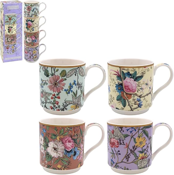 The Leonardo Collection Lesser & Pavey Set of 4 Stackable Mugs | British Designed Stacking Mugs for All Kitchens | Stacking Mugs for Modern Kitchens with Lovely Designs (Kilburn Stacking S4)