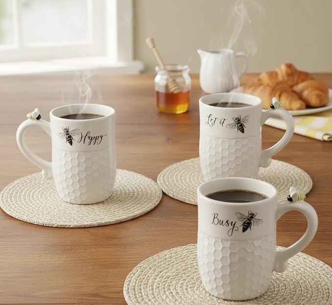 Young's Inc Ceramic Bee Coffee Mug Set of 4, 16 oz – Honeycomb Texture Cups with Bee Handle – Microwave & Dishwasher Safe, Perfect Bees Lover Gift