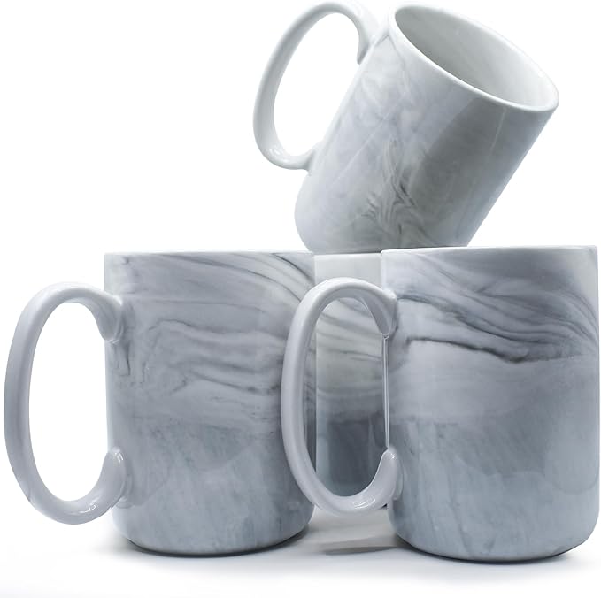 Coffee Mugs Set of 4,16 OZ Large Tea Cups, Grey Marble Ceramic with Big Handle,Bulk Marble Diner Mugs Set for Latte, Beer,Cappuccino,Microwave Dishwasher Safe Cup for Men Women Gift