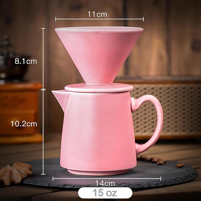 Handmade Ceramic Pour Over Coffee Dripper Set Vintage, Pour Over Coffee Maker Set, Filter Cup, Coffee Brewer Cone Filter, V60 Dripper & Decanter for Home Café Restaurant, 1-2 Cup (Pink)