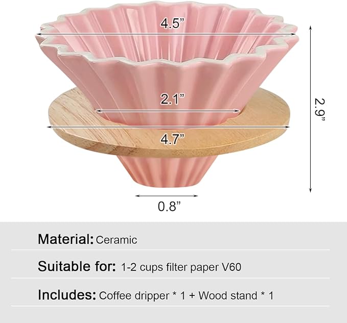 Ceramic Coffee Dripper with Wood Cup Stand Pour Over Coffee Maker Elegant Flower-shape V60 Strainer for 1-2 Cups Slow Brewing Accessories for Home Coffee Shops Restaurants Pink
