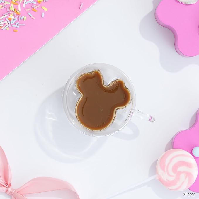 JoyJolt Disney Minnie Mouse 3D Double Wall Espresso Glasses, 5.4oz Small Glass Mugs with Handles, Coffee Cups Set of 2, Insulated Clear Glasses for Double Shot Espresso Cappuccino Tea, Disney Gifts