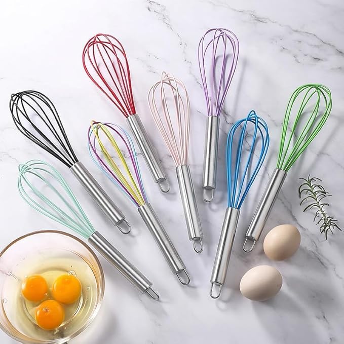 Silicone Whisk with Stainless Steel Handle, 10 inch Mini Wisk Balloon Kitchen Whisks Tool set of 12, Egg Beater Wisking for Cooking, Beating, Make Cake (Red)