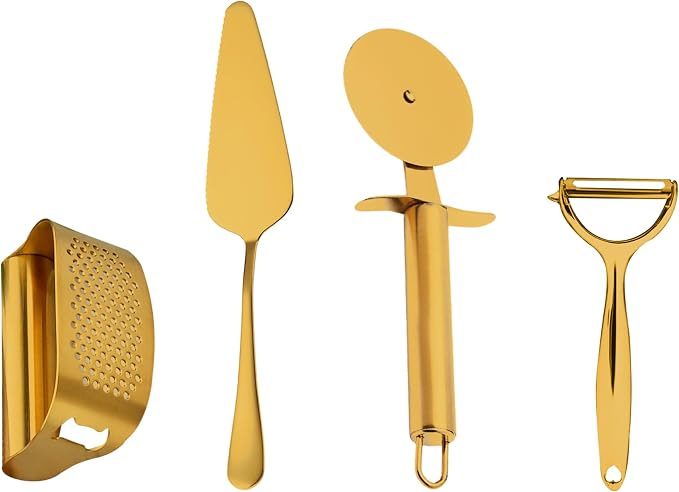 Luxury Gold Kitchen Accessories Set – Super Sharp Pizza Cutter Wheel, Garlic Press Rocker, Y Peeler, Serrated Pie & Cake Server – Premium Titanium-Coated Stainless Steel Flatware