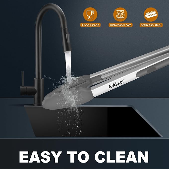 Kitchen Tongs with Silicone Tips - Heat Resistant 600 Degrees Stainless Steel Locking Cooking Tongs with Rubber Tips, Non-Stick Food Tongs for Cooking, Heavy Duty, Set of 3-7" 9" and 12" Grey