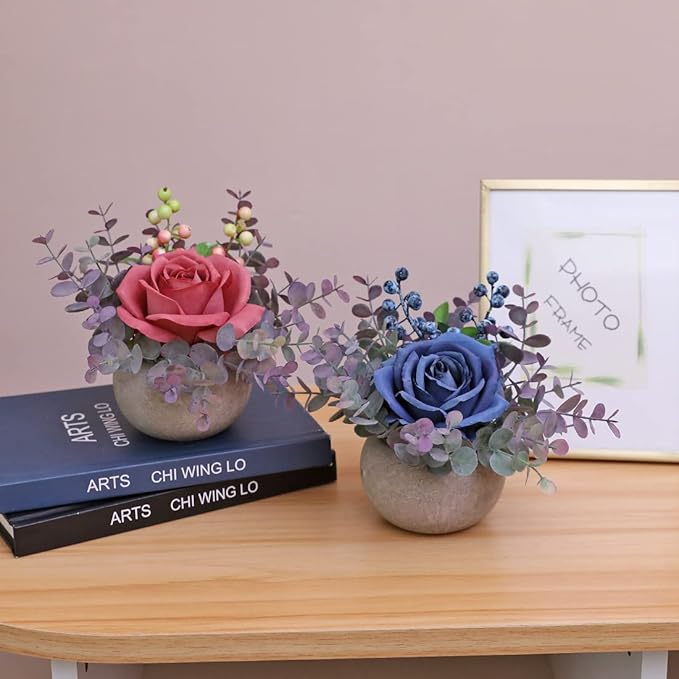 Small Artificial Blue Rose Potted Plant, 6" Fake Silk Flowers in 3.5" Round Pot, Mini Faux Floral Arrangement for Desk Shelf Bathroom Decor