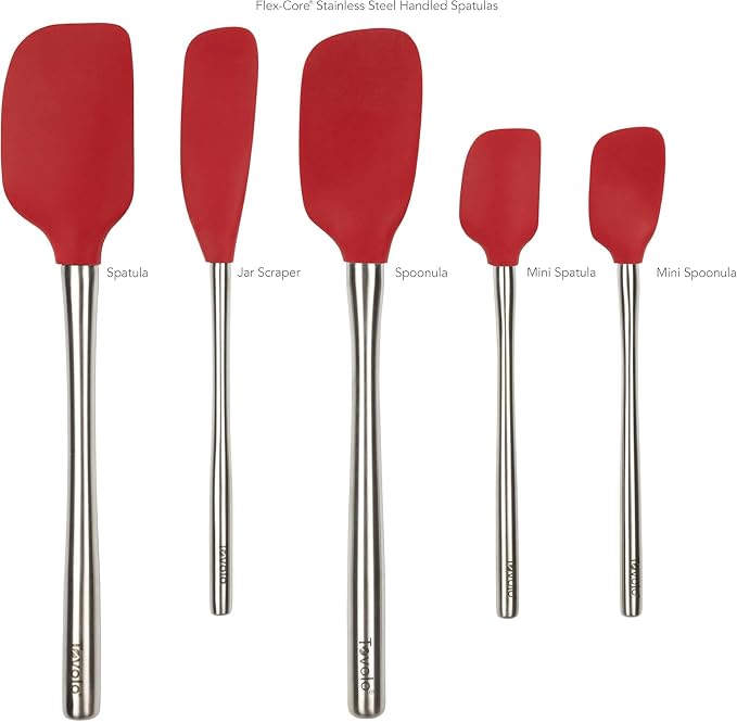 Tovolo Stainless Steel Handled Silicone Spatula Set of 5 Cayenne Red, Dishwasher Safe Kitchen Spatula Set for Cooking Baking, Non Toxic BPA Free Silicone Spatula set with Metal Steel Handle