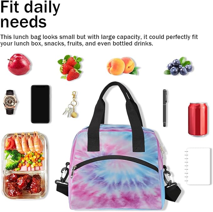 Tie Dye Pink Insulated Lunch Bags for Women Girls Adult Ethnic Reusable Lunch Tote Therma Cooler Bag with Shoulder Strap Lunch Box for School Work Office Picnic Meal Prep Bag