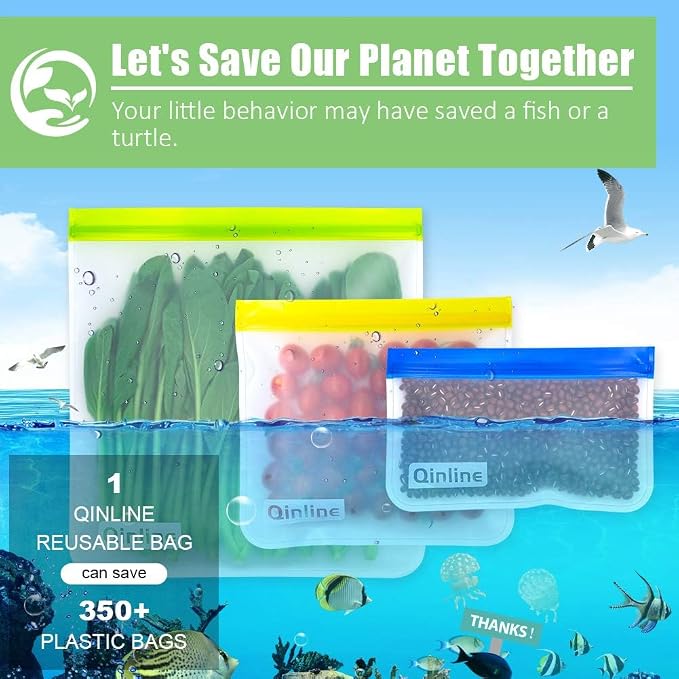 Qinline Reusable Food Storage Bags - 10 Pack Freezer Bags, Reusable Bags Silicone, Extra Thick Leakproof Reusable Lunch Bag for Salad Fruit Snack Travel - 2 Gallon 4 Sandwich 4 Snack Bags
