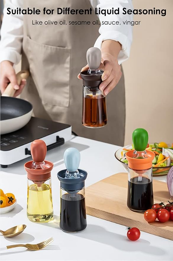 Oil Dispenser with Brush - 2 Pack 180ml Glass Olive Oil Dispenser Bottle with Basting Brush for Cooking Frying Baking Kitchen, T-OB21 Grey