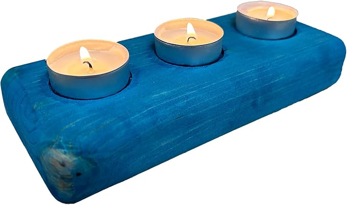 Wooden 3 Tea Light Candle Holder, 8 Inches (Blue, Rounded Brick)