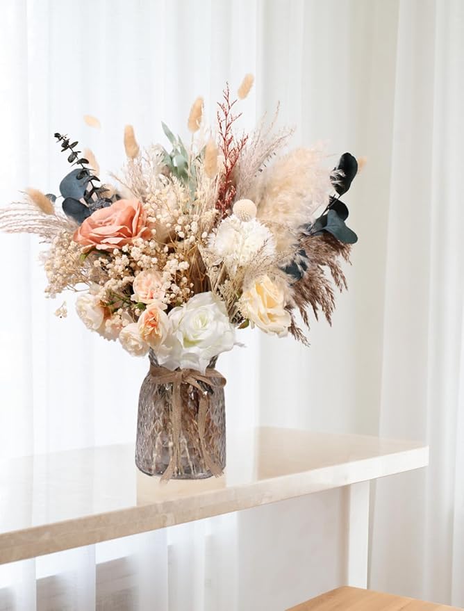 Luxury Floral Arrangement with Vase - Pampas Grass & Artificial Flowers for Kitchen Island, High End Centerpiece Decor, Coffee Table & Dining Table, Farmhouse Boho Home Decor with Dried Flowers