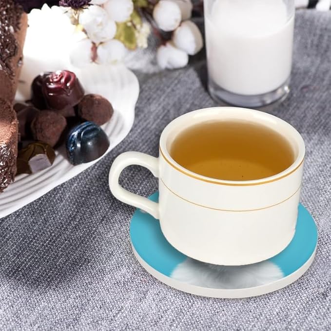 Ceramic Drink Coasters Absorbent Set of 1, White Puppy on Blue Background Round Anti Slip Modern Cup Coasters for Desk Kitchen Office Housewarming Hostess Gifts (4 * 4 Inch)