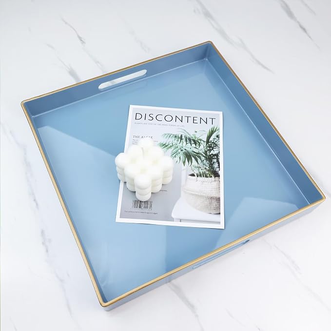 Spsyrine Light Blue Decorative Tray for Living Room, Square Modern Plastic Coffee Serving Table Tray for Ottoman Bathroom Kitchen, 13"*13".
