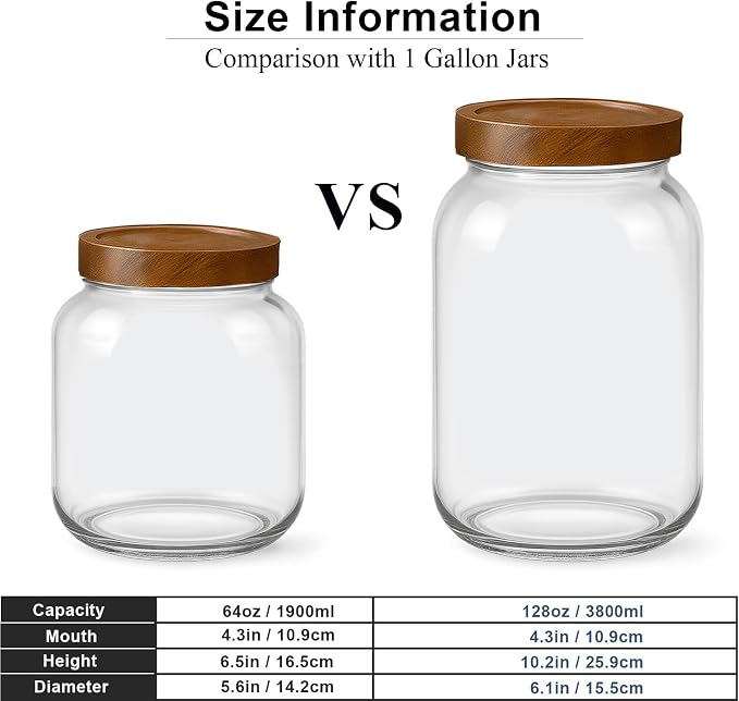 Set of 2 Cookie Jars with Airtight Lid, 1/2 Gallon Glass Jars with Acacia Wooden Lid, 64 oz Wide Mouth Mason Jar for Coffee, Sugar, Candy, Pasta, Oats