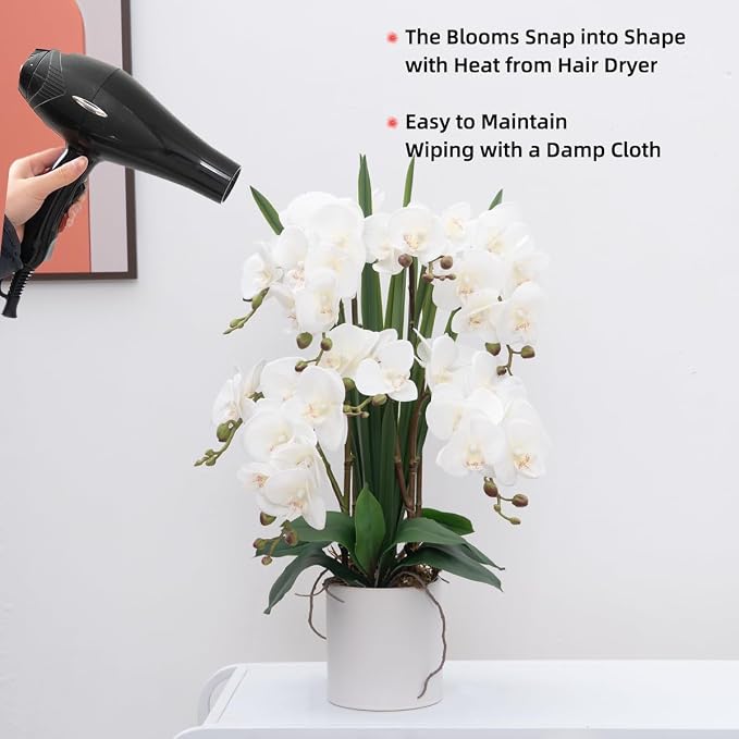 CXGS Artificial Orchid Flower Plants Real Touch Faux Orchids in Ceramic Vase 20.9'' White Phalaenopsis Orchid Fake Flower Arrangement Home Indoor Decor