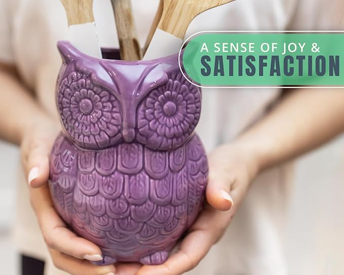 Comfify Owl Utensil Holder Decorative Ceramic Cookware Crock & Organizer, in Lovely Purple Color - Utensil Caddy and Perfect Kitchen Ceramic Decor Gift - 5” x 7” x 4” Compact & Cute