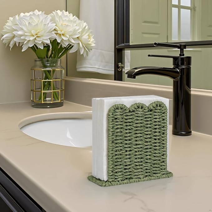 CubesLand Scalloped Edge Napkin Holder for Table Home Rustic Room Decor, Standing Paper Rope Napkin Dispenser for Kitchen Dining Hotel, Cocktail Napkin Holder for Indoor & Outdoor Party, Green
