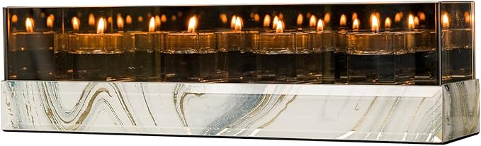 Crystal Glass Candle Holder Rectangular 4 Candle Seat with Marble Pattern-Tealight and Votive Candles Holders Centerpiece Table Decorations for Home Décor, Dining Room, Kitchen, Patio (White)