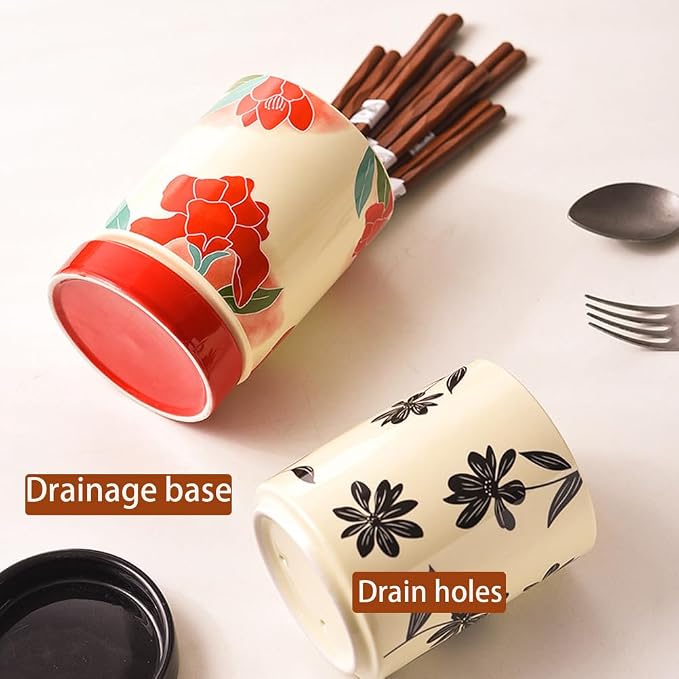 Dxcaicc Vintage Ceramic Utensil Holder for Kitchen Counter, 4 Inch Cooking Utensil Crock with Drain Holes, Elegant Countertop Organizer for Spoons, Chopsticks, Spatulas,Black