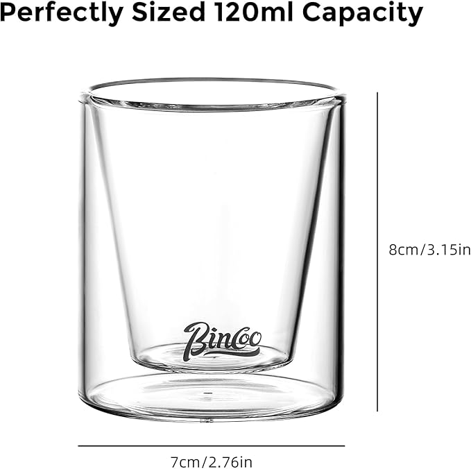 Bincoo Double Wall Glasses - 120ML Clear Insulated Coffee Drinking Glass for Hot and Cold Liquids, Whiskey, Bourbon, Vodka, and Scotch Borosilicate Clear Glass