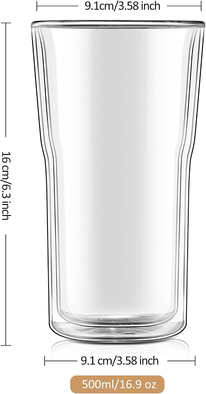 Joeyan Glass Double Walled Beer Drinking Glasses Tumbler 16 oz, Double Layer Tall Borosilicate Insulated Water Cocktail Glass Cups, Double Lined Thermo Tea Coffee Hot Beverage Glassware, Set of 2