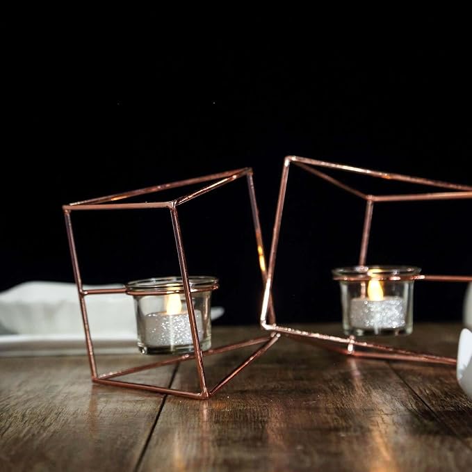 Efavormart 9" Rose Gold Geometric Candle Holder Set 2 Metal Geometric Centerpieces Joint Together